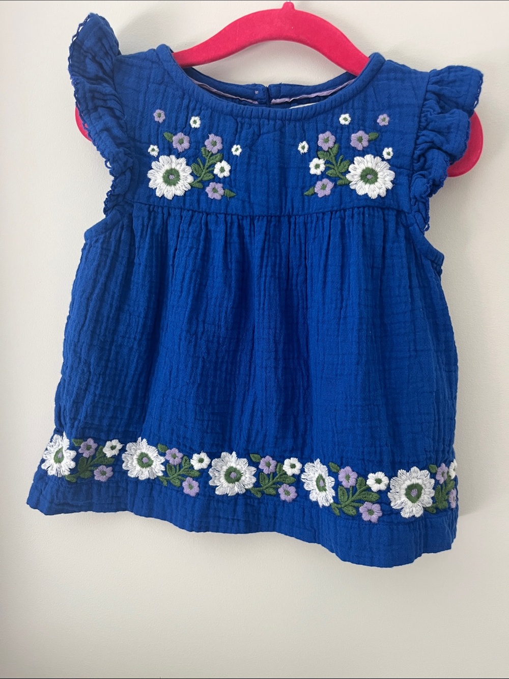 Mini Boden Royal Blue Flutter Sleeve Embroidered Floral Top